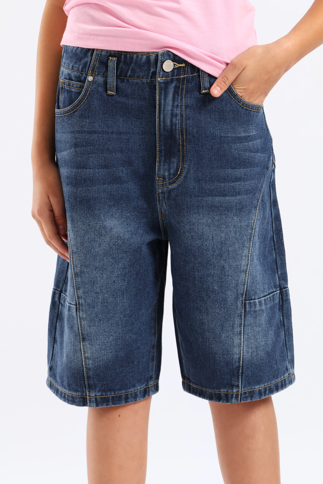 Girls Panel Detail Denim Jort - Dark Blue