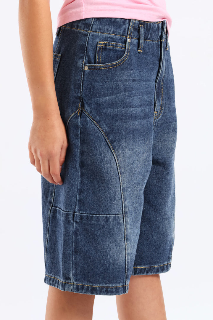 Girls Panel Detail Denim Jort - Dark Blue