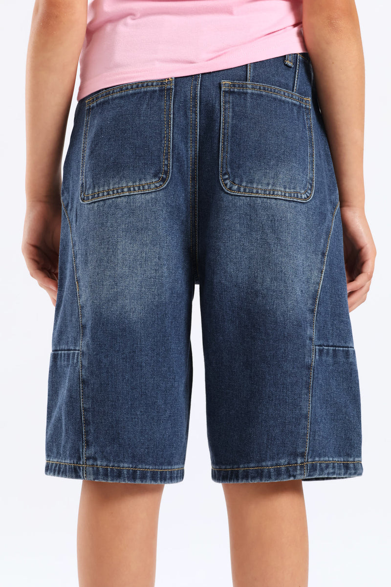 Girls Panel Detail Denim Jort - Dark Blue