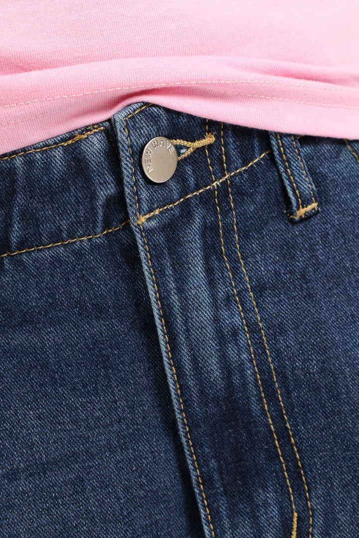 Girls Panel Detail Denim Jort - Dark Blue