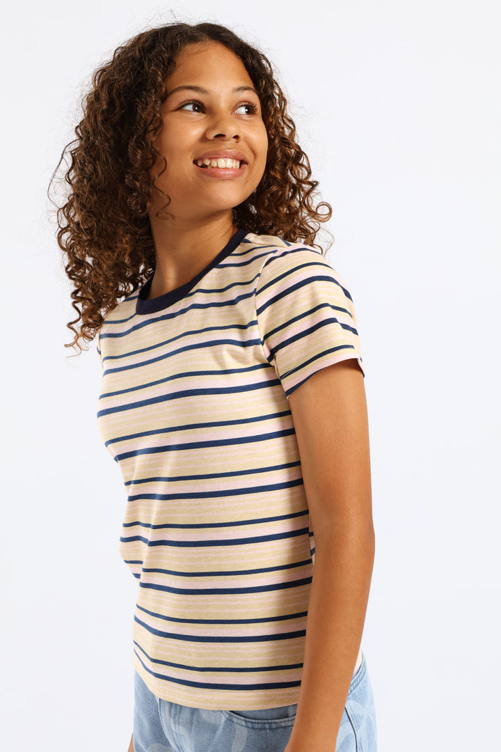 Girls Collared Striped Cotton Lycra Tee - Light Pink/Navy