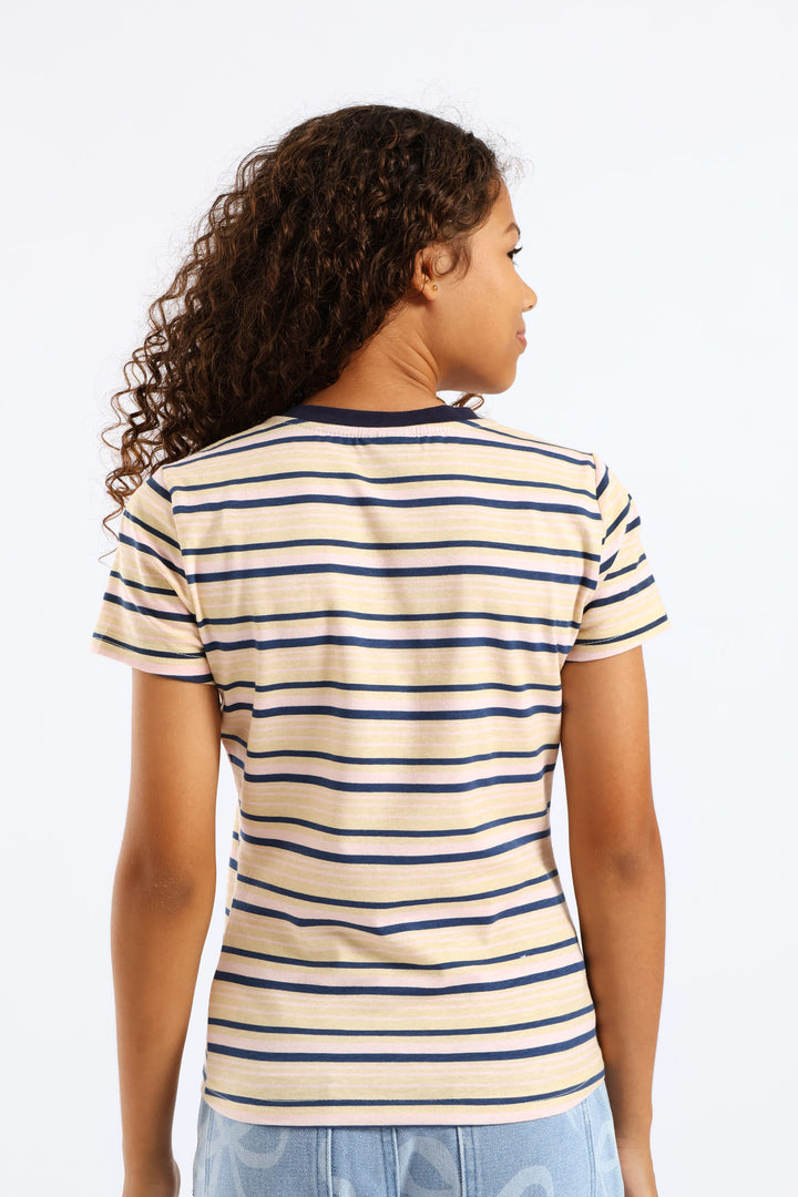 Girls Collared Striped Cotton Lycra Tee - Light Pink/Navy