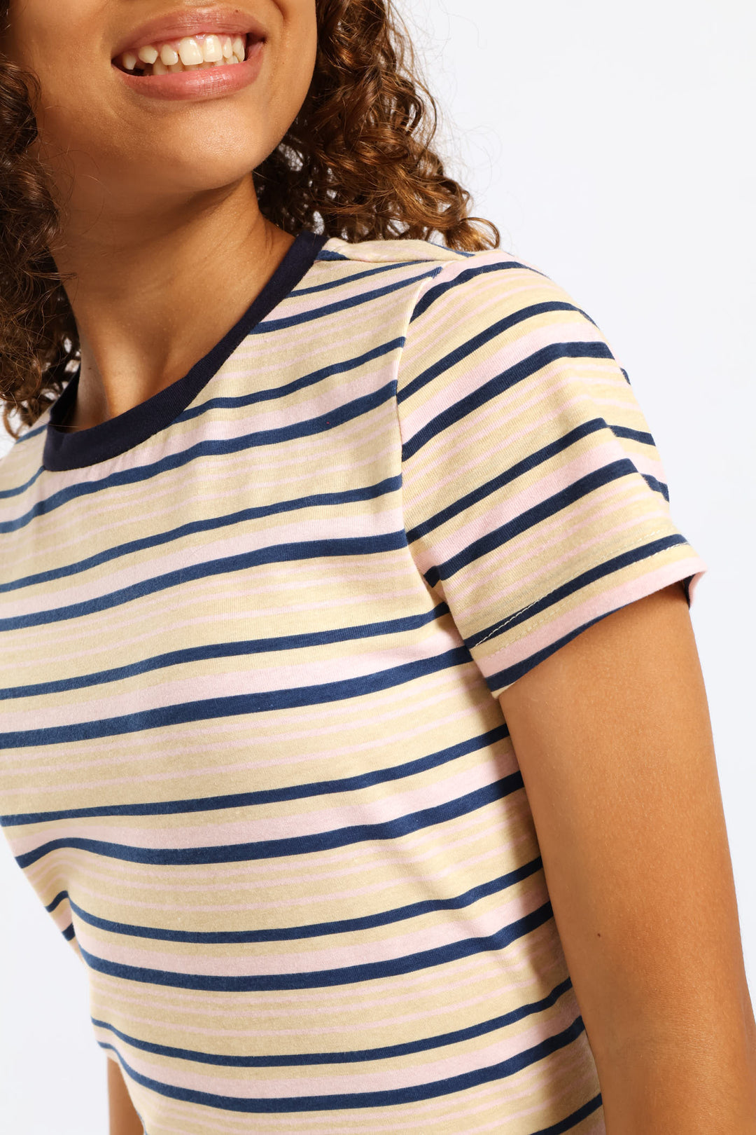 Girls Collared Striped Cotton Lycra Tee - Light Pink/Navy
