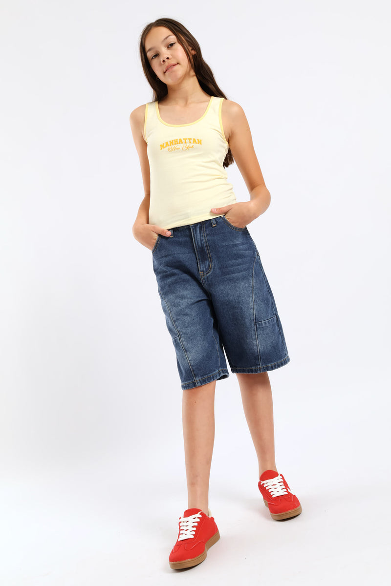 Girls Contrast Binding Scoop Neck Slogan Vest - Yellow