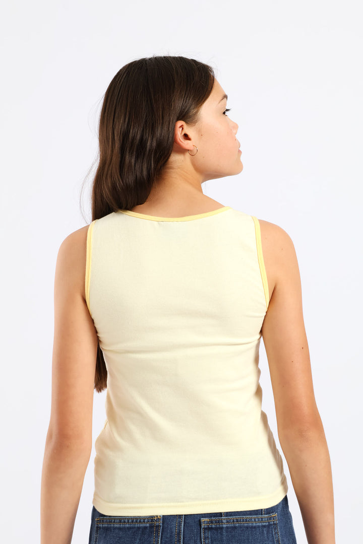 Girls Contrast Binding Scoop Neck Slogan Vest - Yellow
