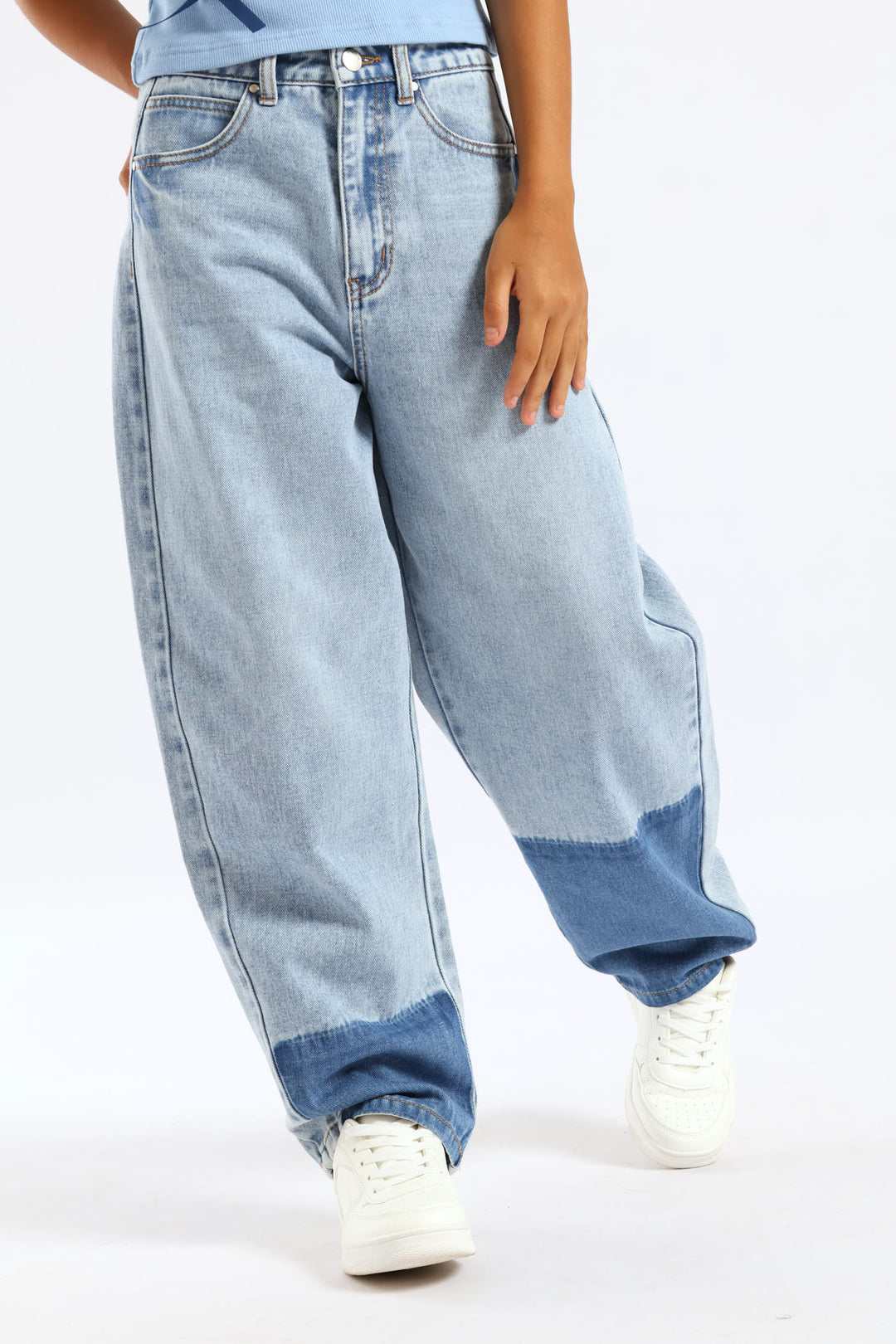 Girls Patch Colour Barrel Style Jeans - Blue