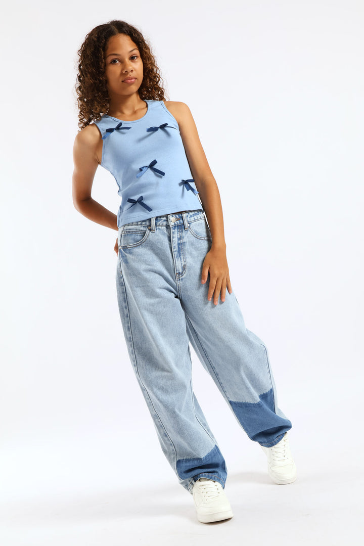 Girls Patch Colour Barrel Style Jeans - Blue