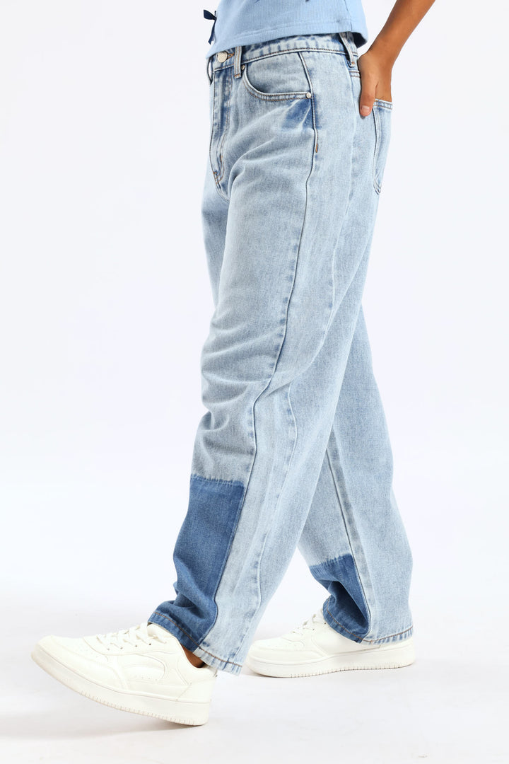 Girls Patch Colour Barrel Style Jeans - Blue