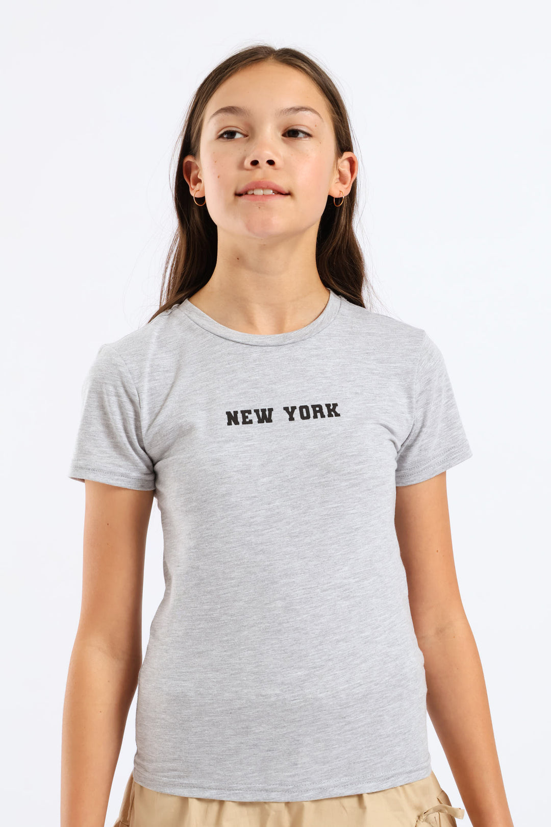 Girls NY Cotton Lycra Tee - Grey Melange