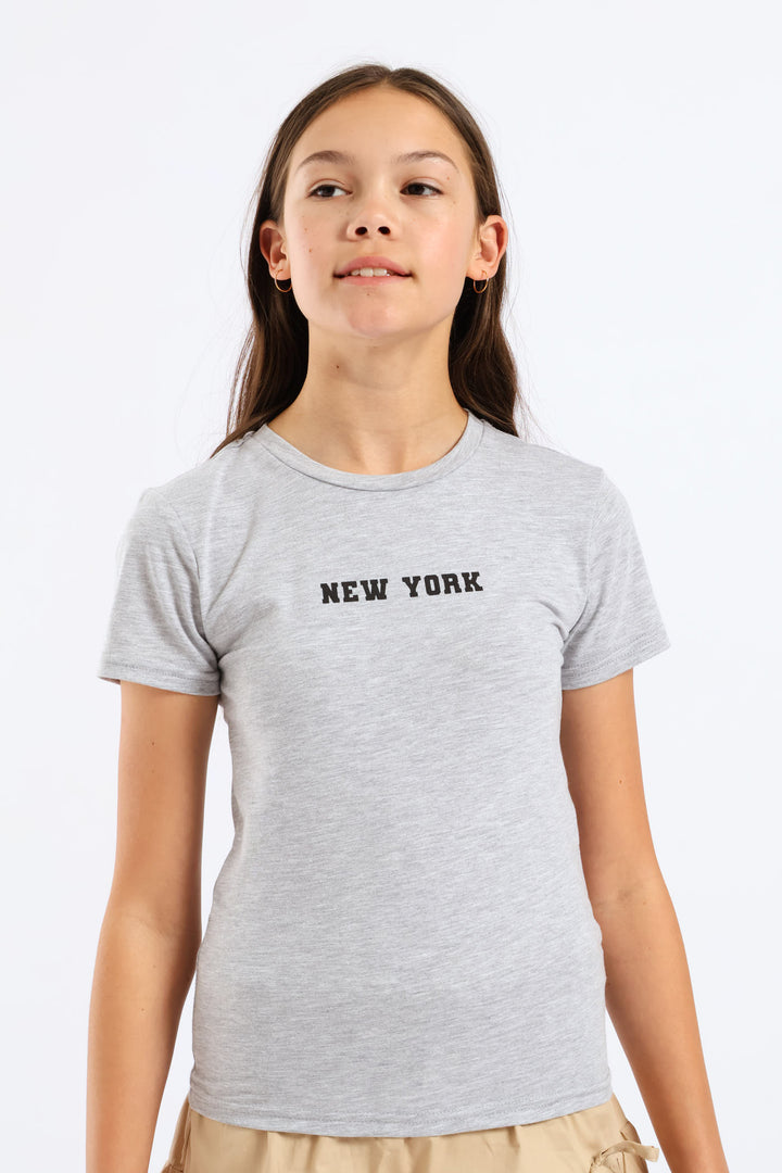 Girls NY Cotton Lycra Tee - Grey Melange