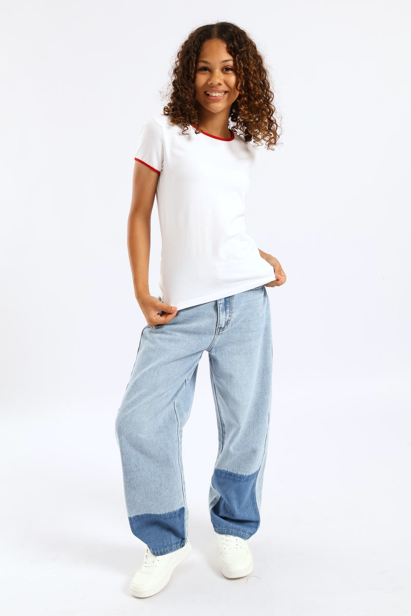 Girls Contrast Bound Basic Tee - White