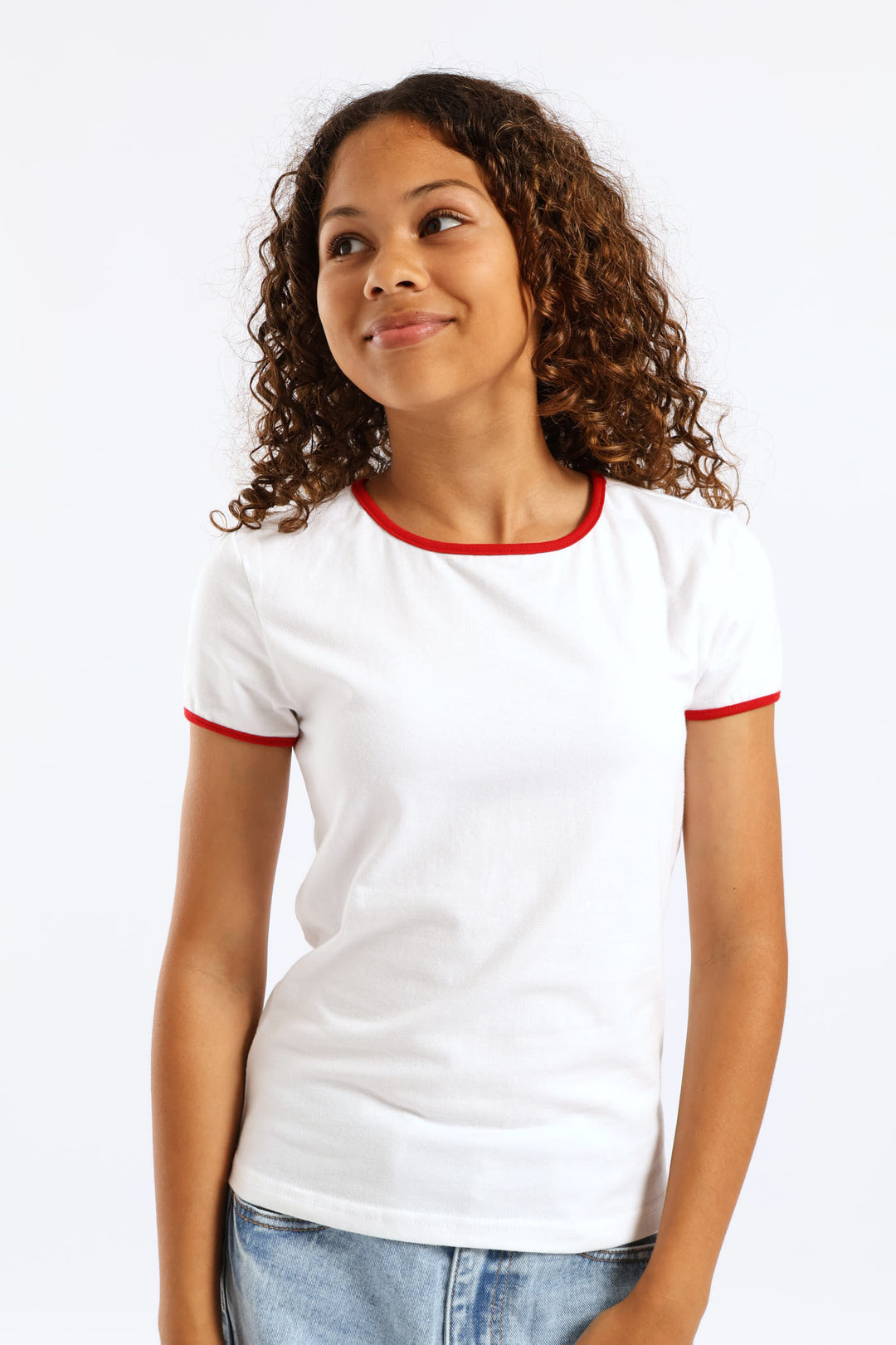 Girls Contrast Bound Basic Tee - White