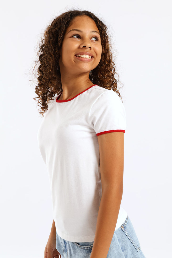 Girls Contrast Bound Basic Tee - White