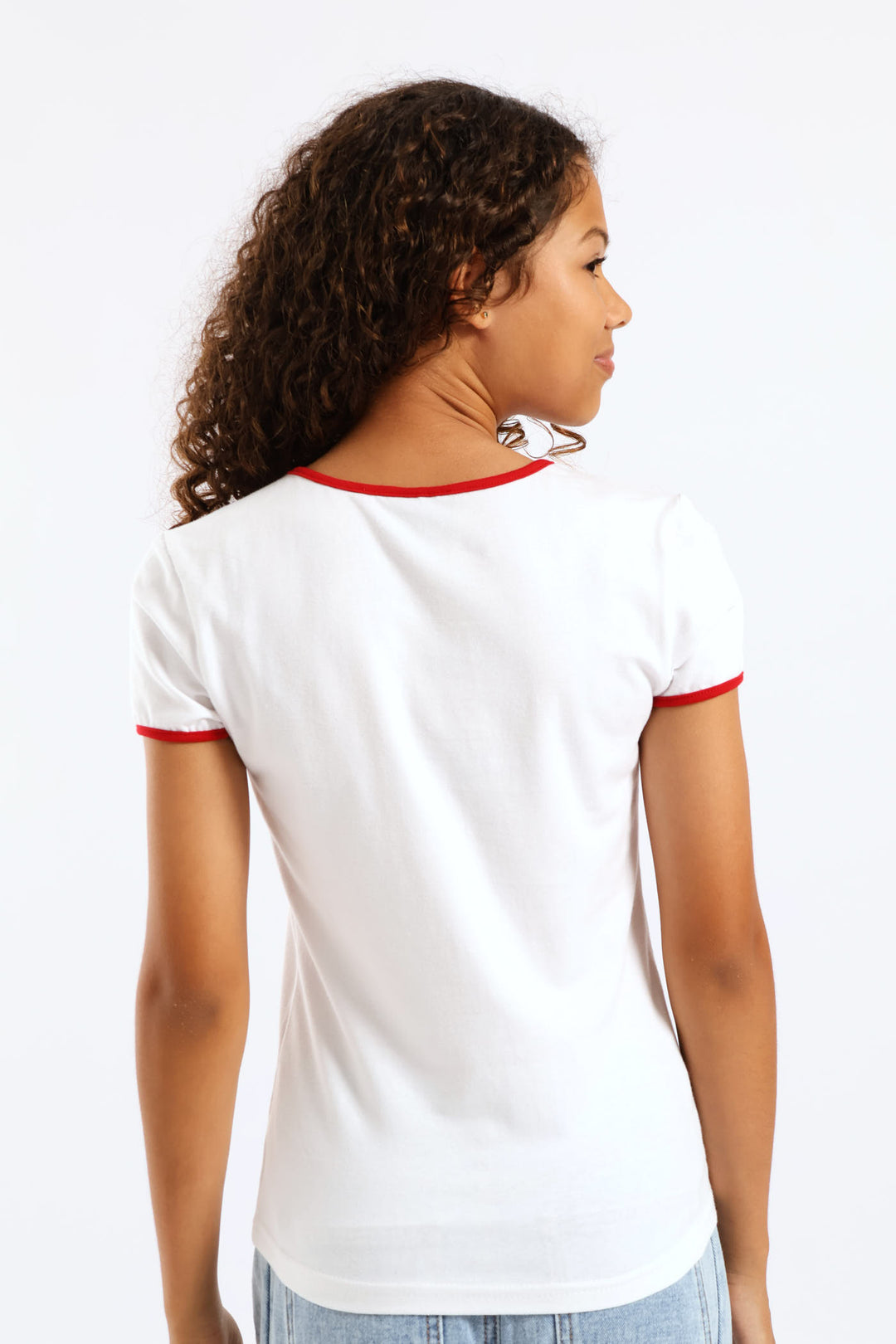 Girls Contrast Bound Basic Tee - White