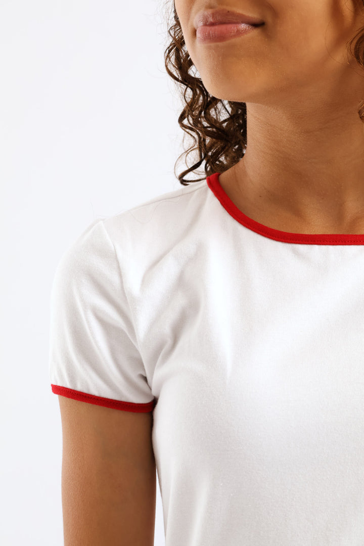 Girls Contrast Bound Basic Tee - White