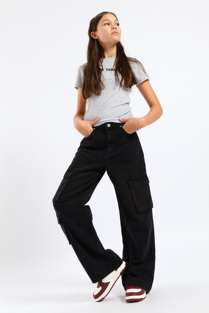 Girls Cargo Wide Leg Denim - Charcoal