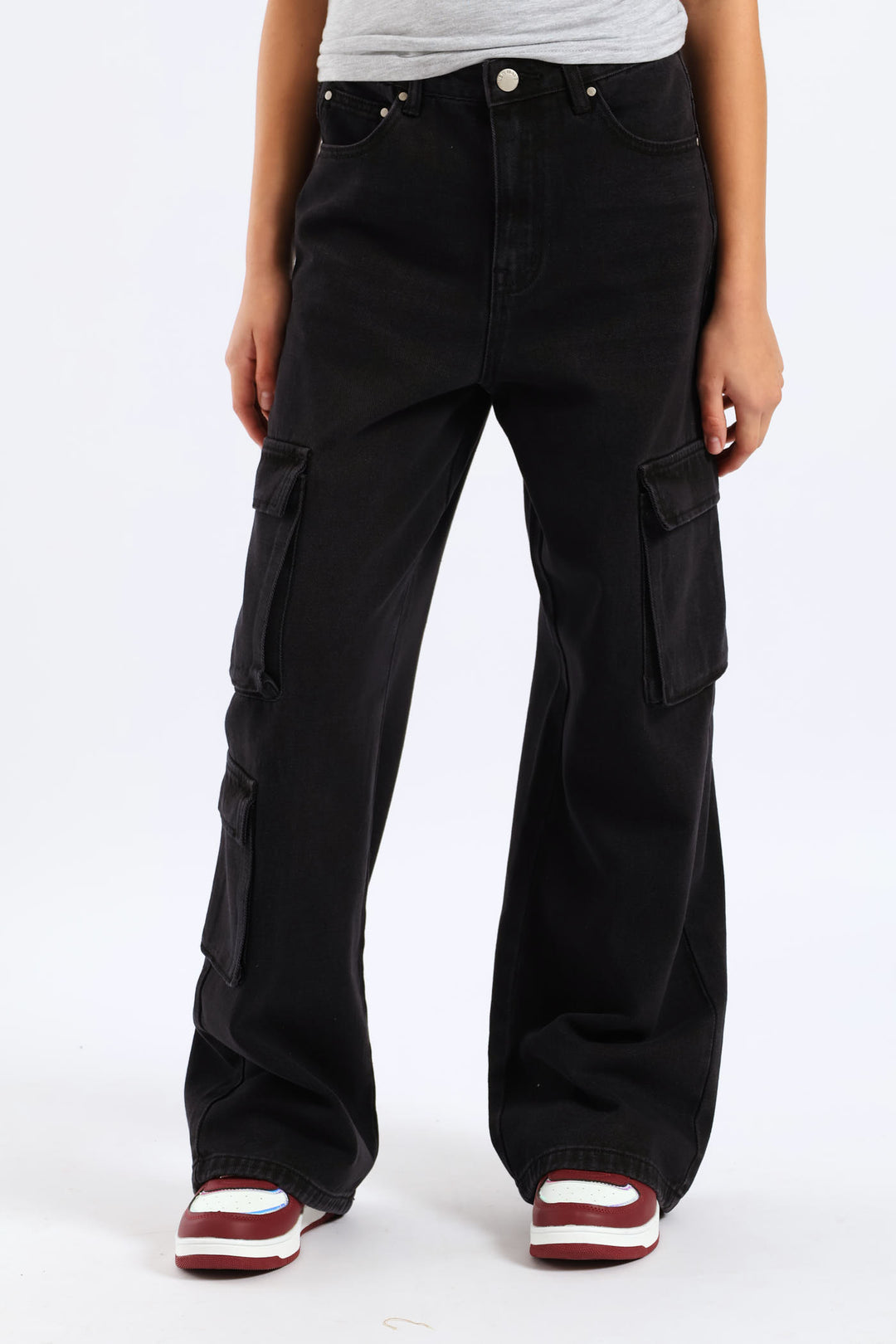 Girls Cargo Wide Leg Denim - Charcoal