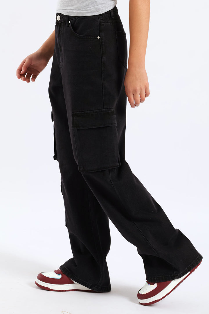 Girls Cargo Wide Leg Denim - Charcoal