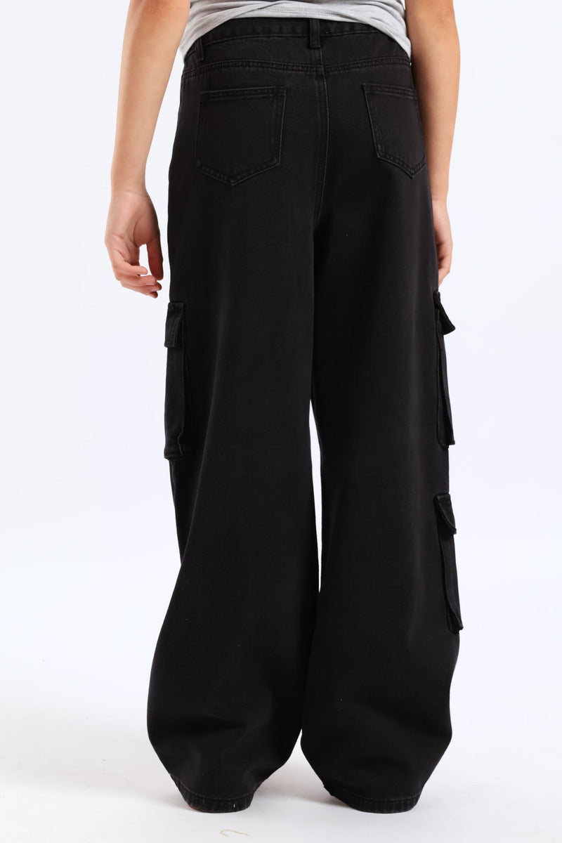 Girls Cargo Wide Leg Denim - Charcoal