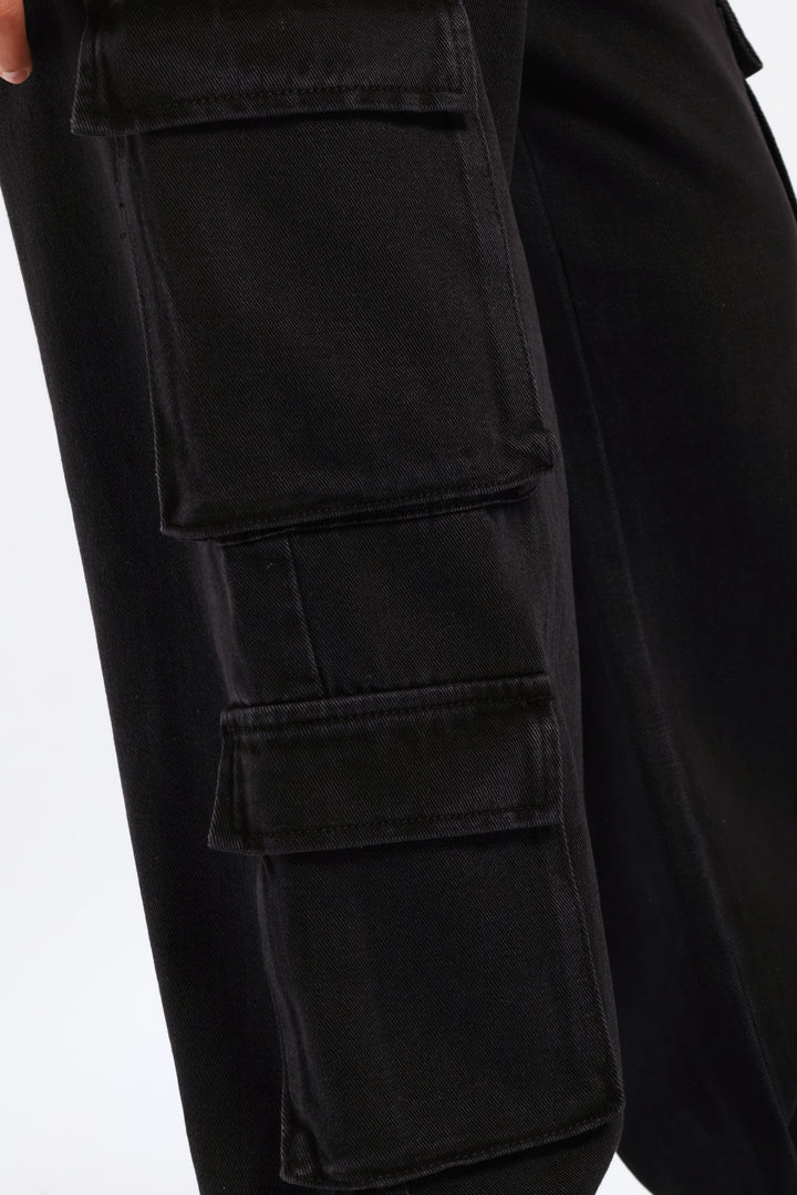 Girls Cargo Wide Leg Denim - Charcoal