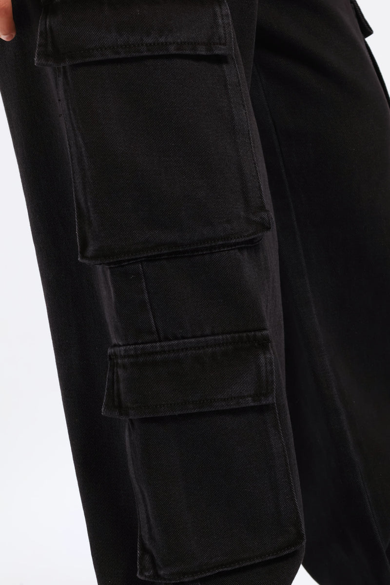 Girls Cargo Wide Leg Denim - Charcoal