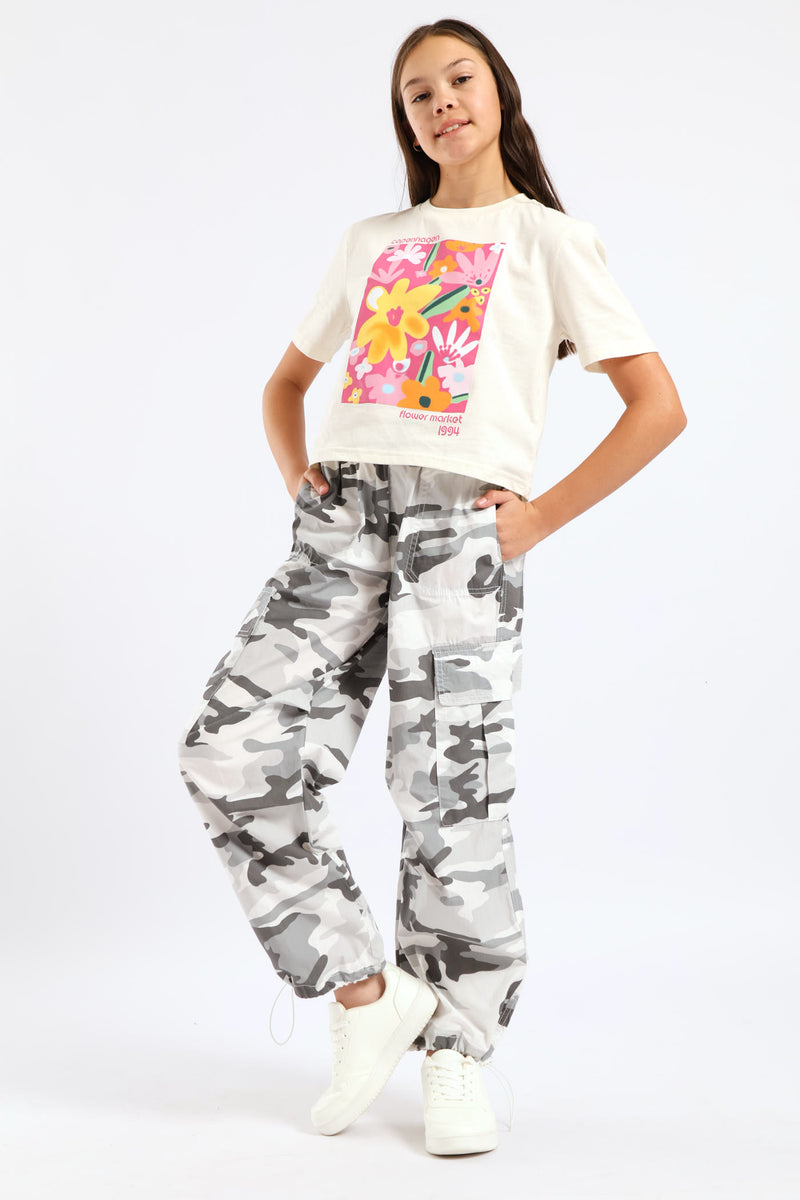 Girls Camo Parachute Pants - Grey