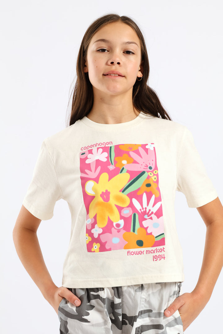 Girls Floral Copenhagen Regular Tee - Cream