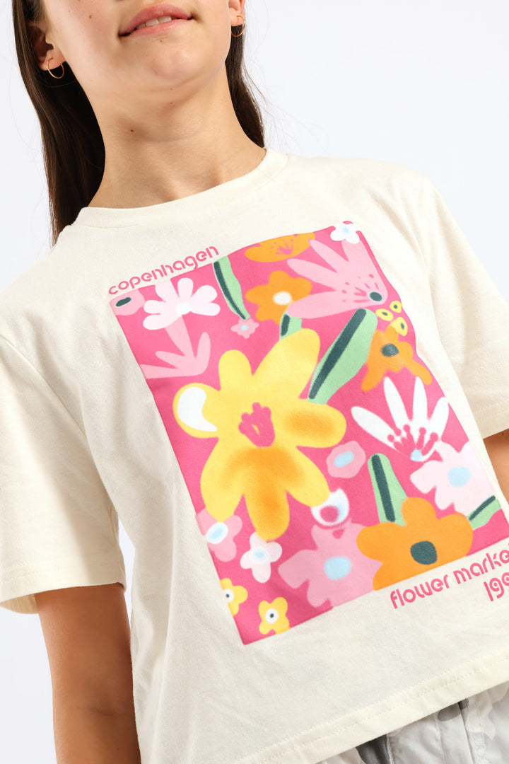 Girls Floral Copenhagen Regular Tee - Cream