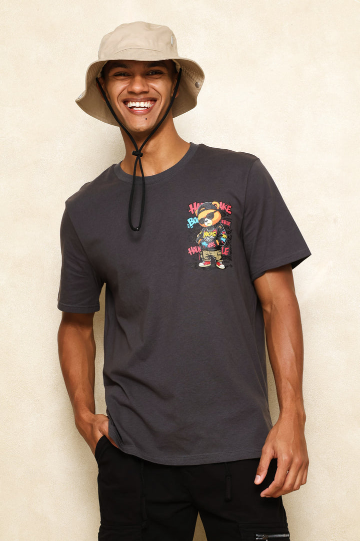 Teddy Graphic Printed Tee - Dark Grey