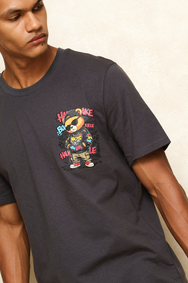 Teddy Graphic Printed Tee - Dark Grey