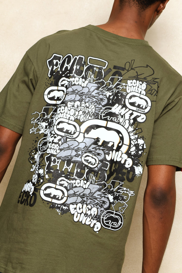 Graffiti Back Print Tee - Olive