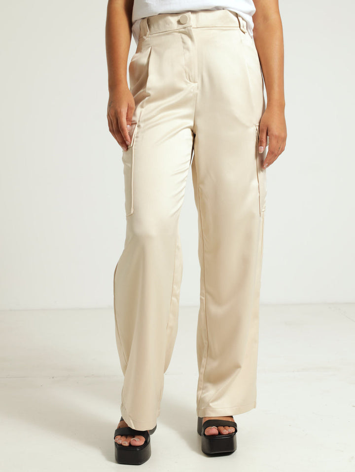 Satin Cargo Pants - Champagne