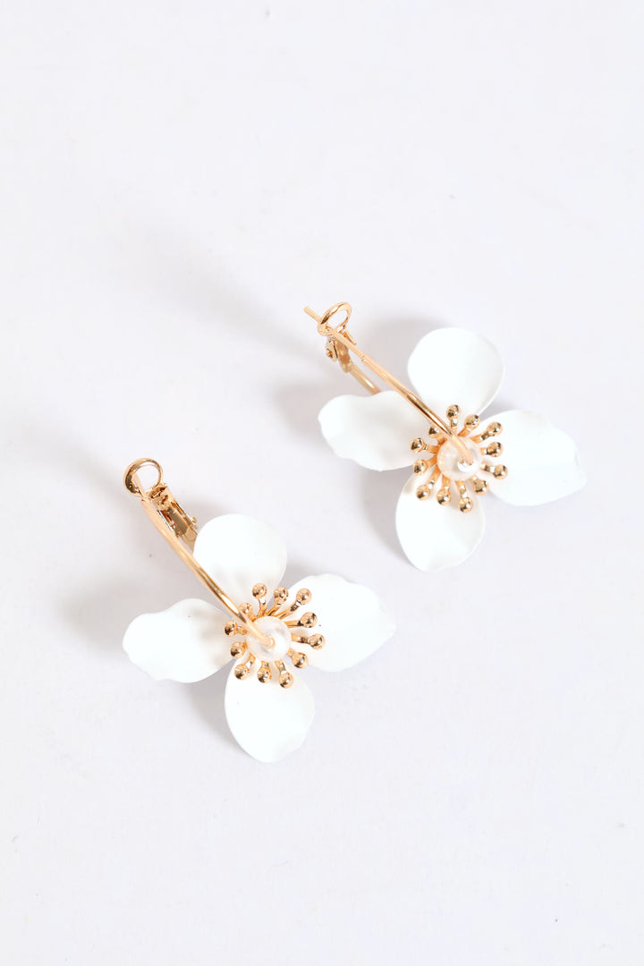 White Floral Hoop Earrings - Gold