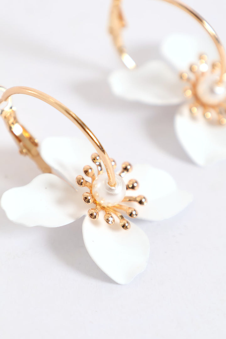 White Floral Hoop Earrings - Gold