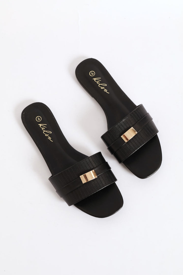 Textured Single Band Mule Sandal - Black