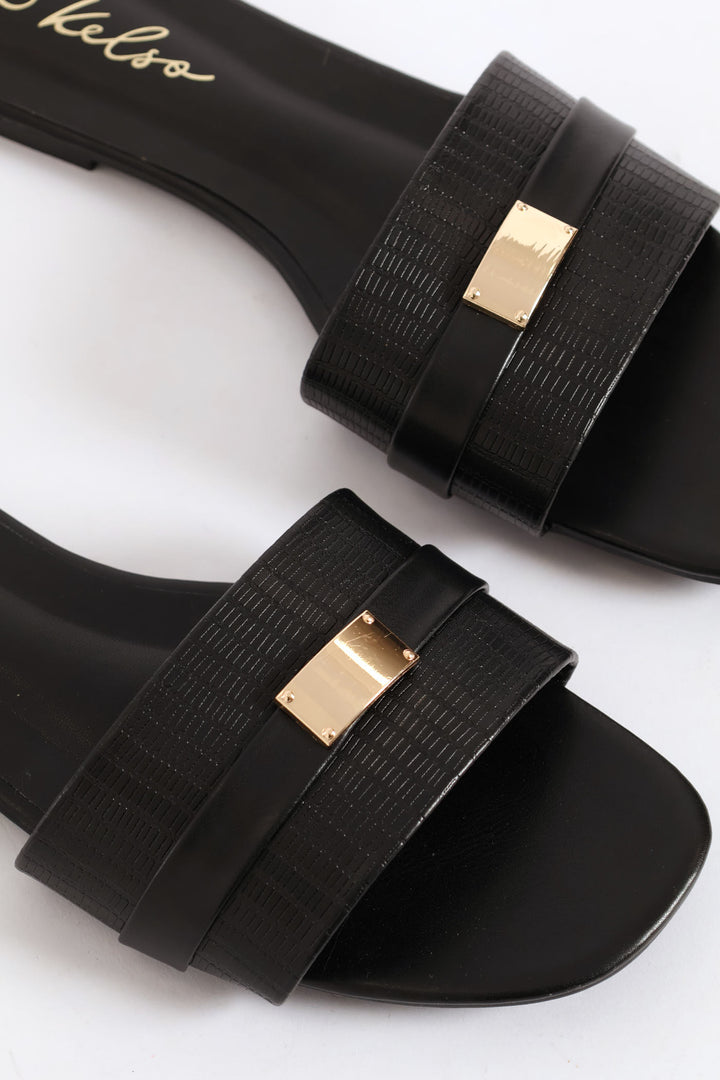 Textured Single Band Mule Sandal - Black