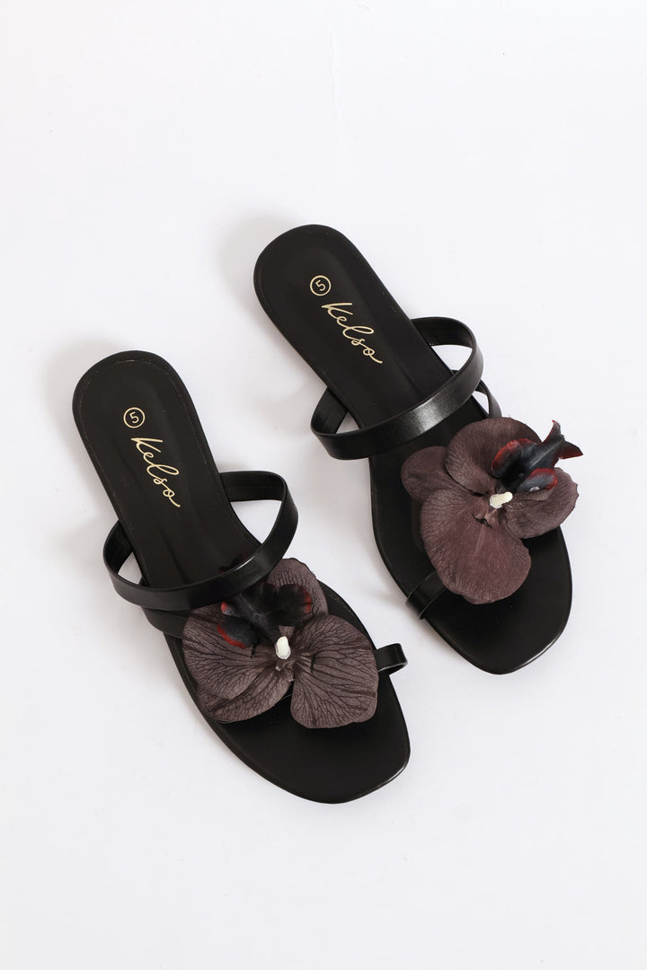 Orchid Flower Toe Post Sandal - Black