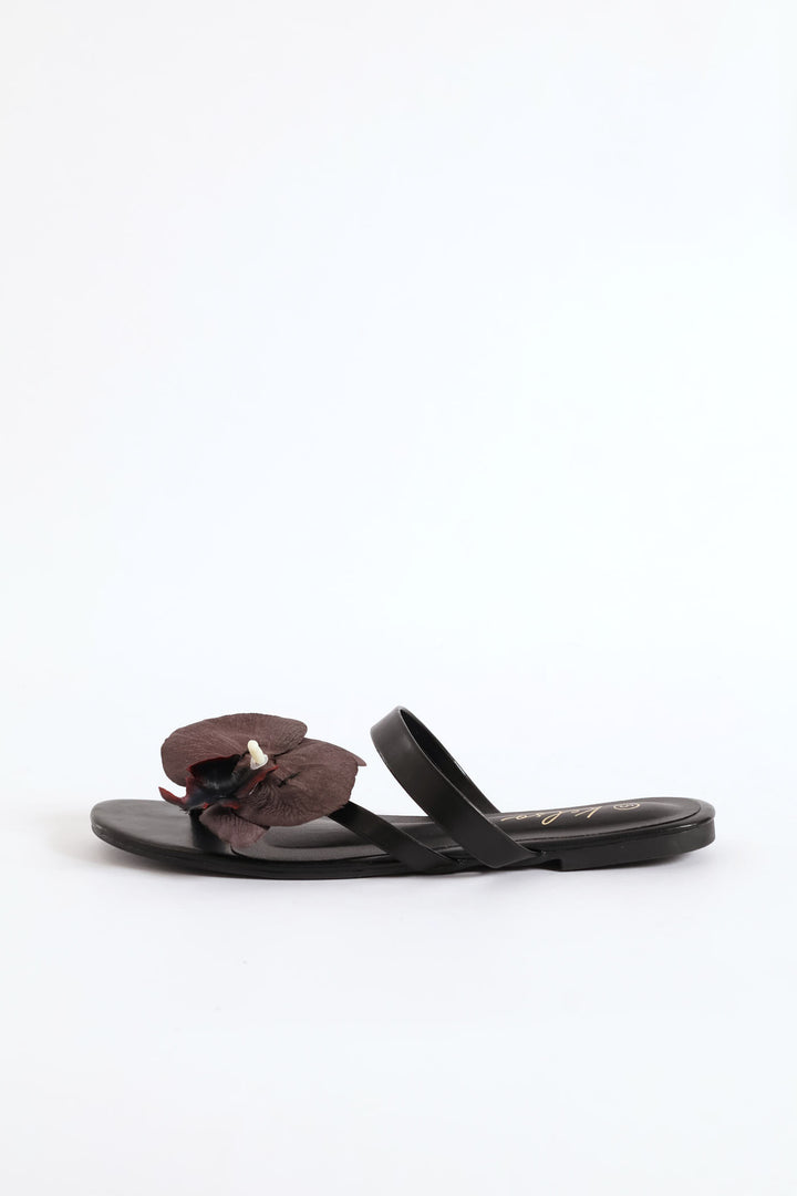 Orchid Flower Toe Post Sandal - Black