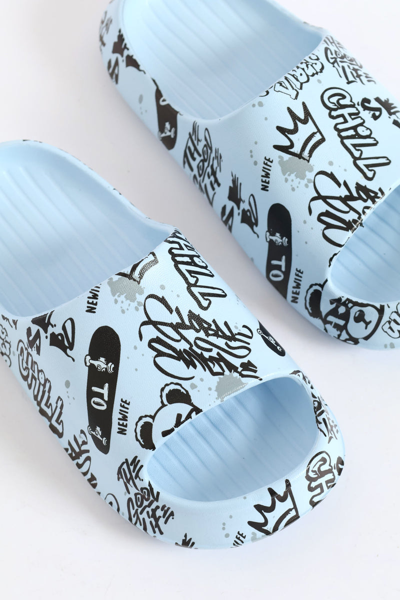 Boys Graffiti Print Slide - Blue