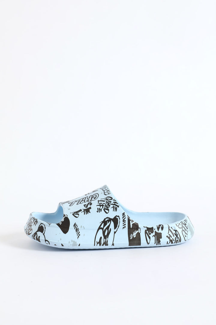 Boys Graffiti Print Slide - Blue