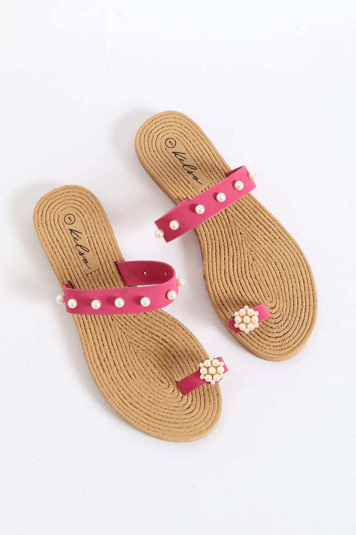 Pearl Detail Toe Post Thin Strap Sandal - Cerise