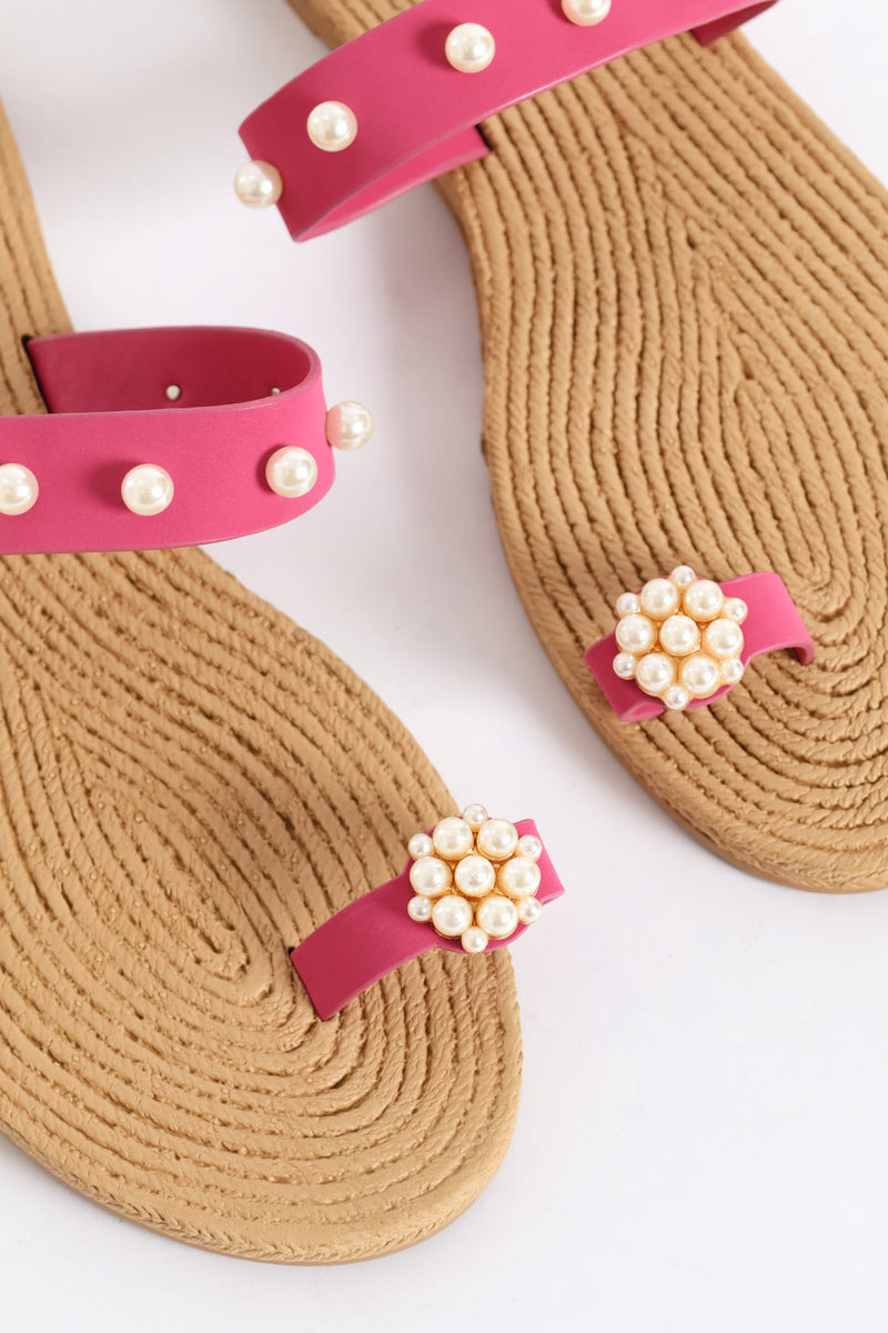 Pearl Detail Toe Post Thin Strap Sandal - Cerise