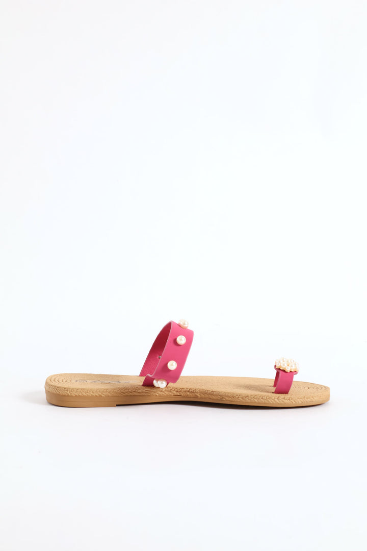 Pearl Detail Toe Post Thin Strap Sandal - Cerise