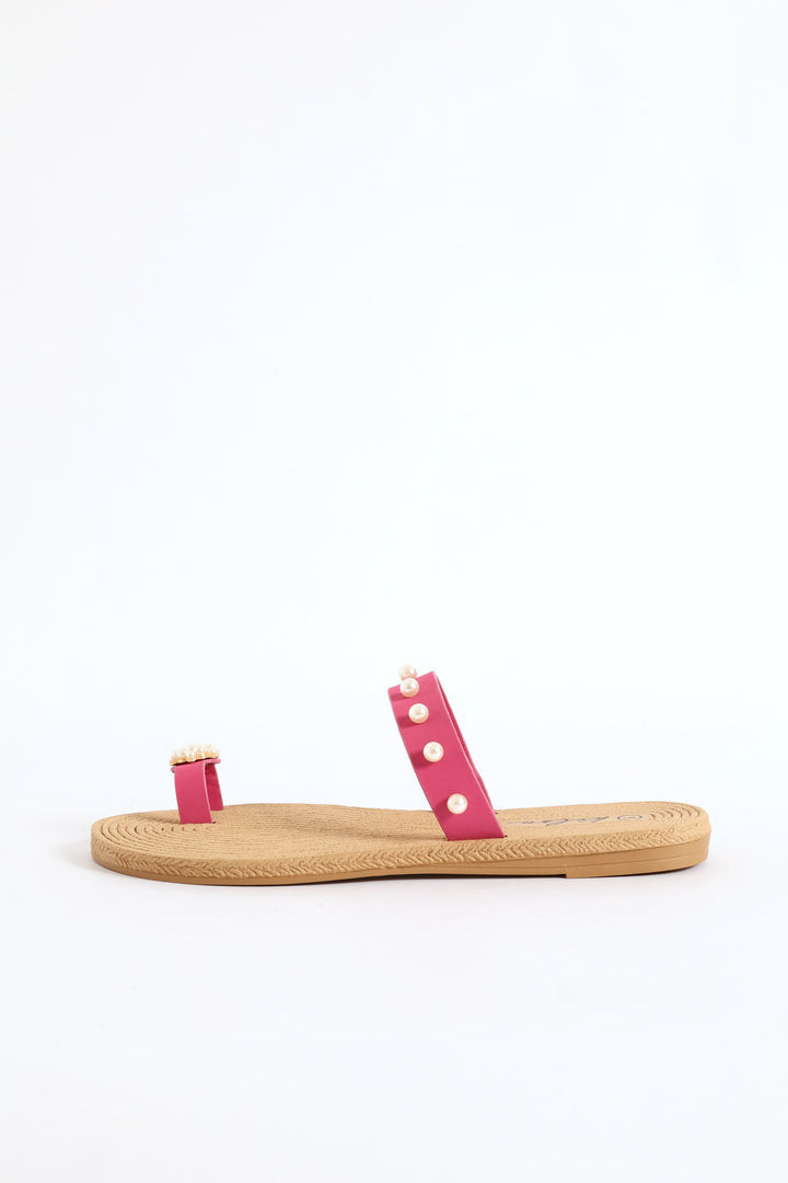 Pearl Detail Toe Post Thin Strap Sandal - Cerise