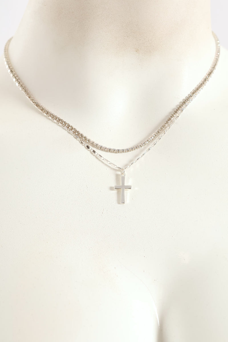 2 Layer Diamante Cross Pendant Necklace - Silver