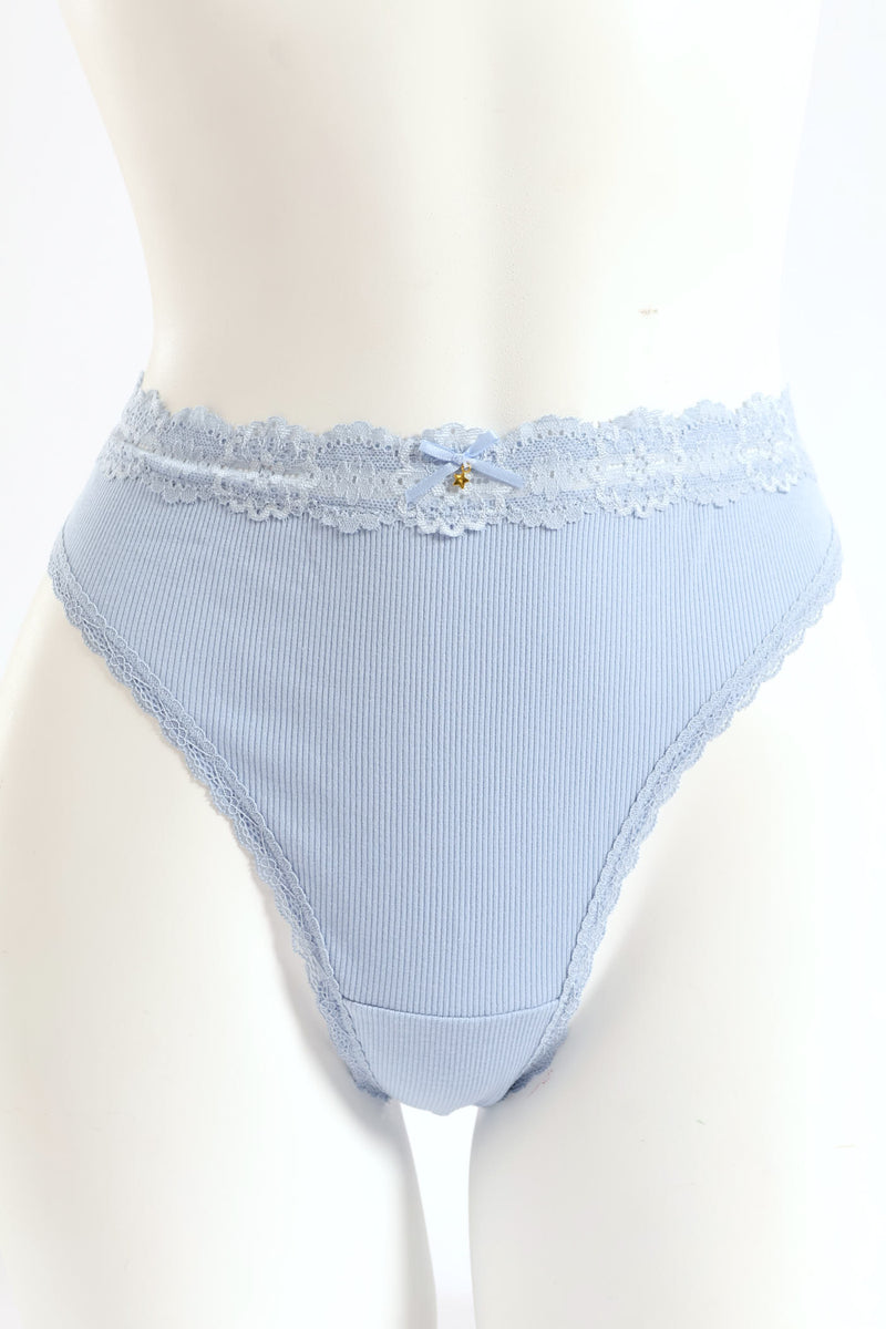 Ribbed Cotton Lace Trim Thong Panty - Blue