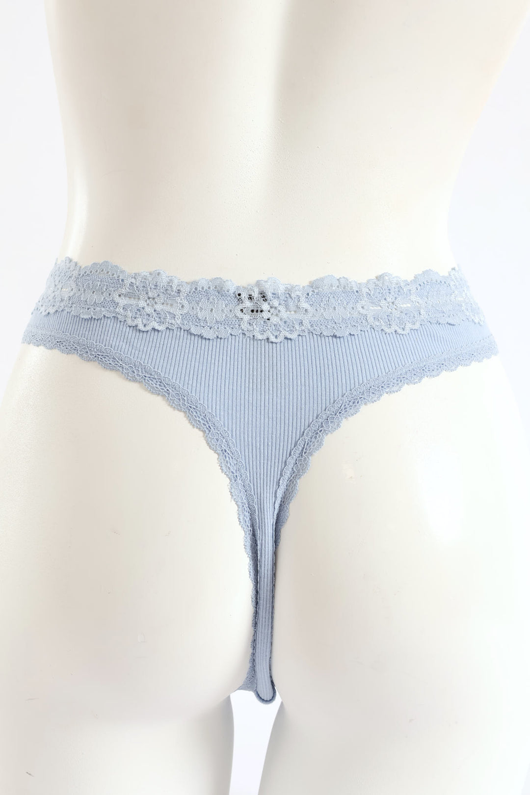 Ribbed Cotton Lace Trim Thong Panty - Blue