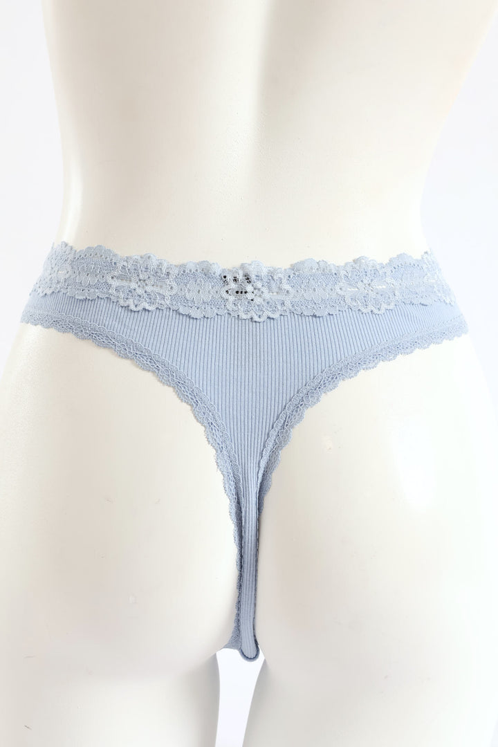 Ribbed Cotton Lace Trim Thong Panty - Blue