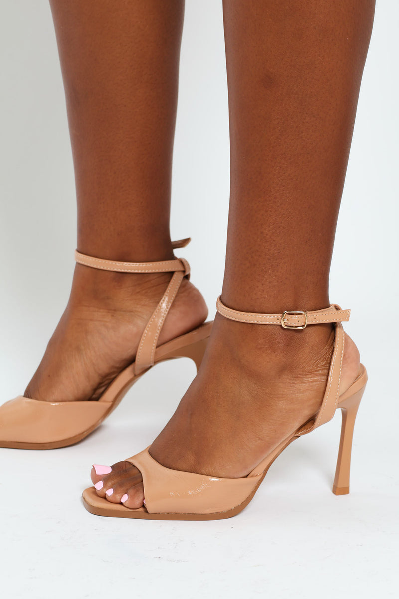 Ankle Strap Square Toe With Shaped Vamp Mule Heel - Taupe