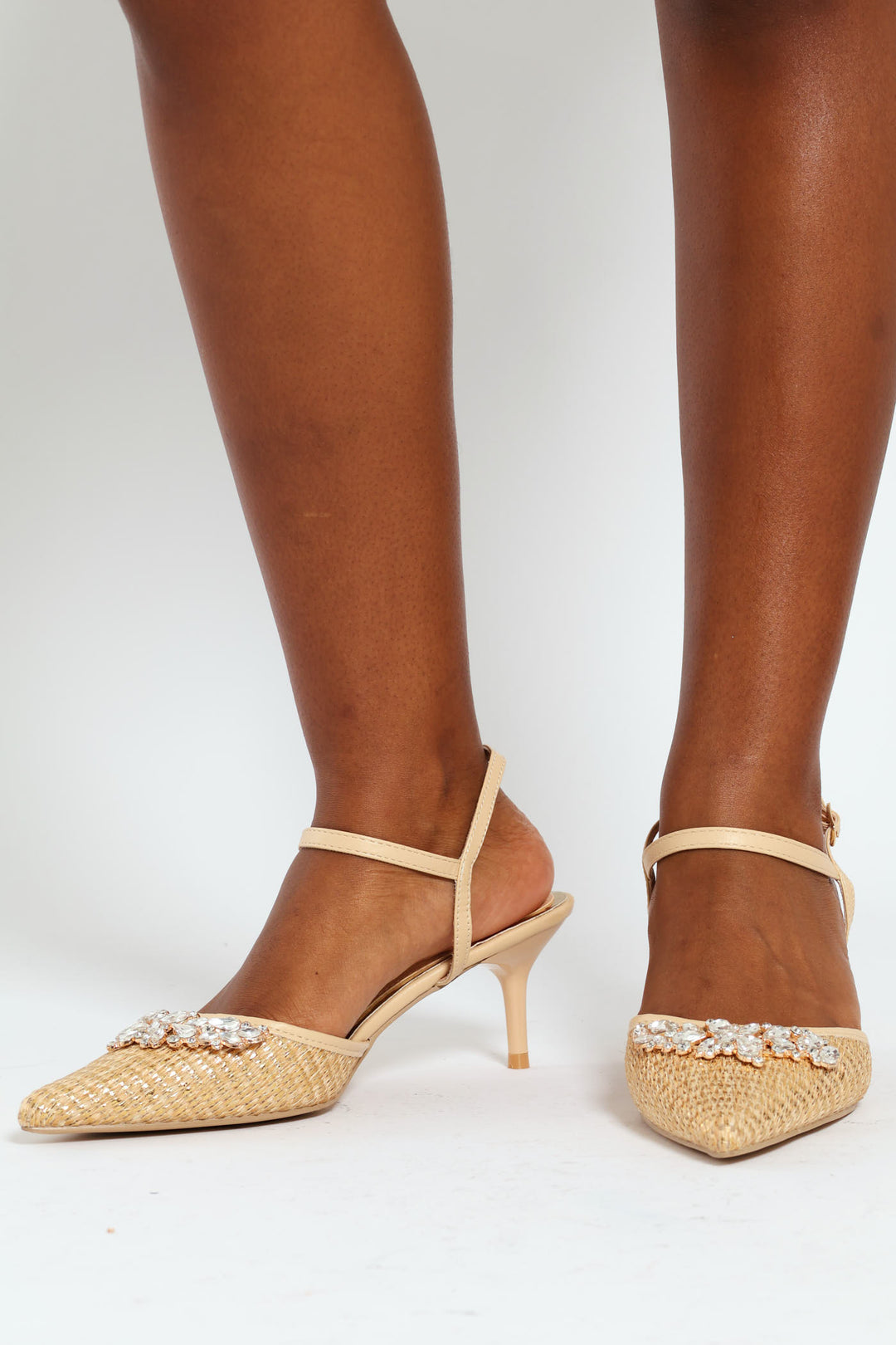 Plain Strap Flower Crystal Trim Mule Heel - Gold